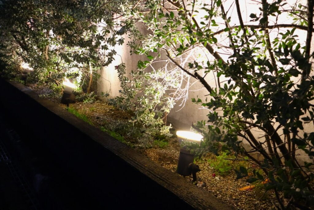 花壇の庭木を下からライトアップしているおしゃれな写真