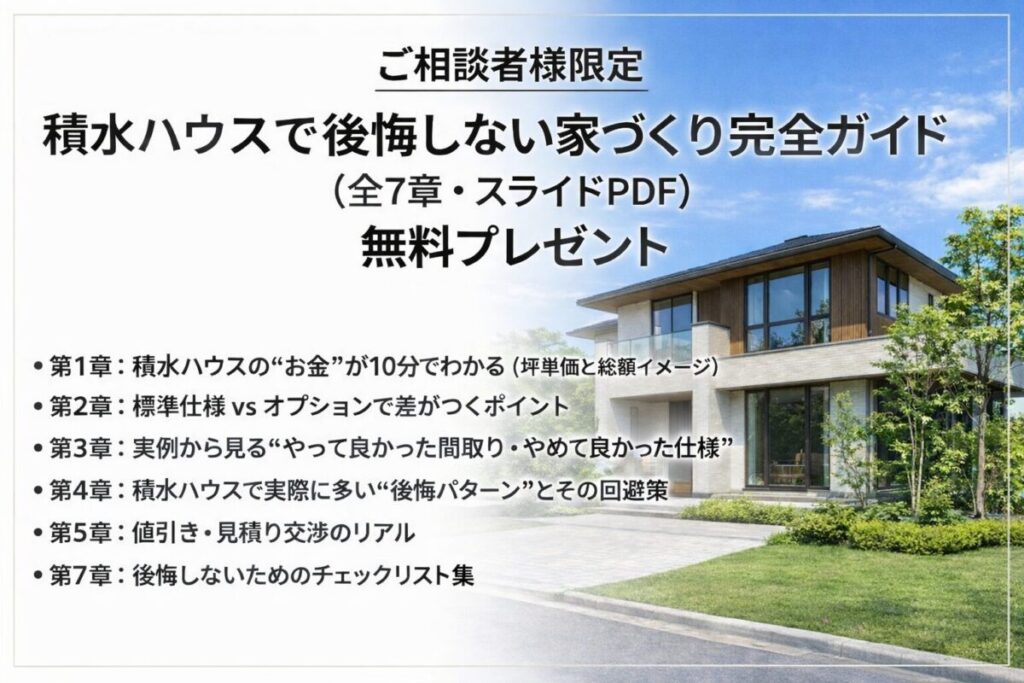 積水ハウスで後悔しない家づくりのために、費用・間取り・仕様・値引き交渉・注意点をまとめた無料PDFガイドのイラスト