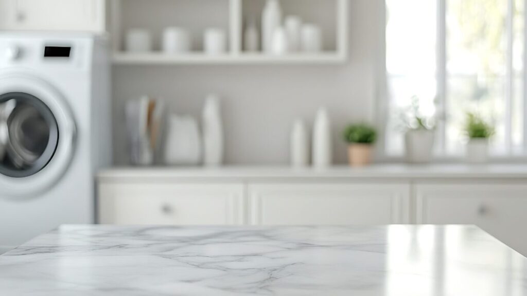 ドラム洗濯機が置かれたランドリールームの写真