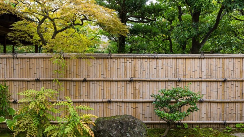 竹垣に囲われて植栽がきれいな日本庭園の写真