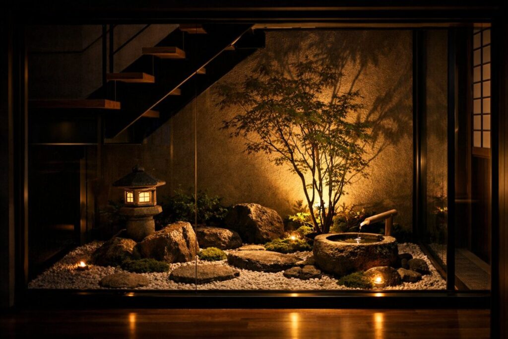 階段下のスペースでライトアップしている和モダン坪庭写真