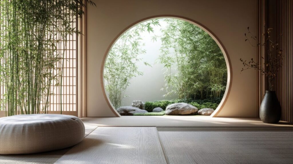 和モダン住宅の室内から眺める和モダン庭の写真