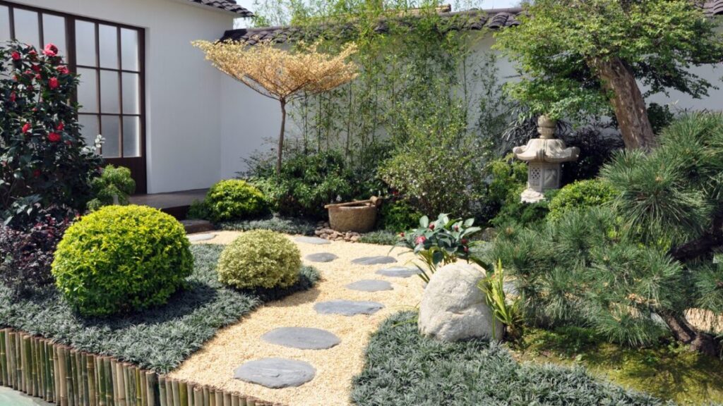 狭いスペースに石灯籠、植栽、飛び石がある和風の庭写真