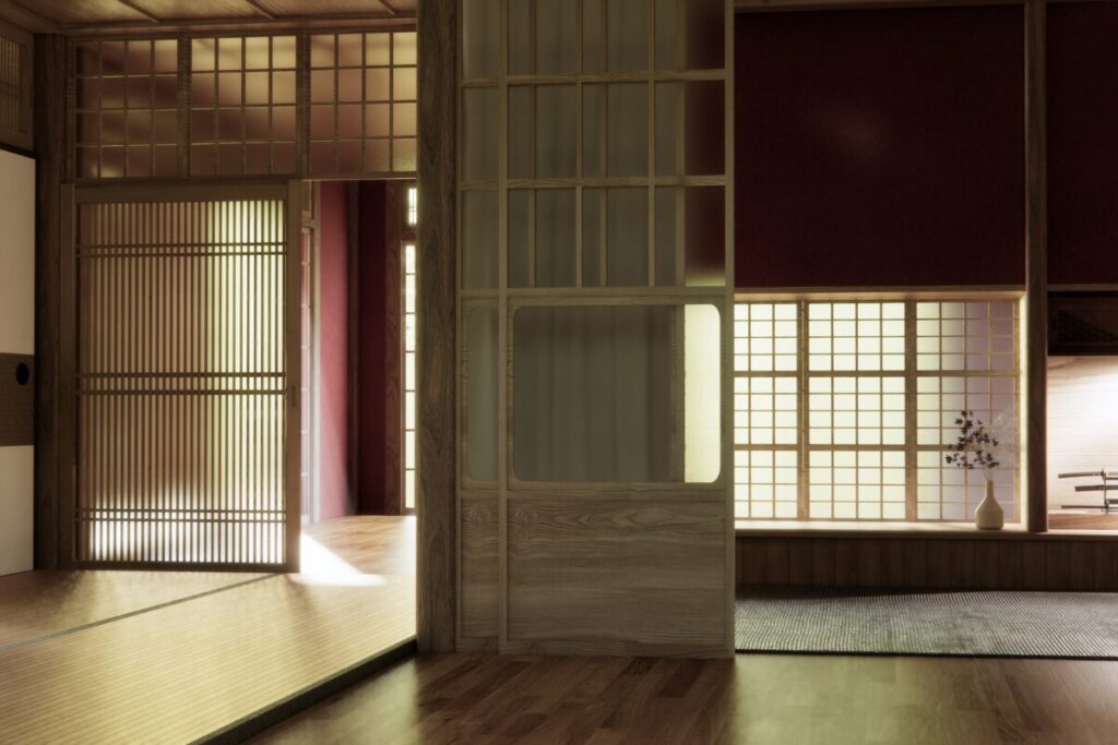 日本家屋のリビングと玄関が見渡せるモダンな内装写真