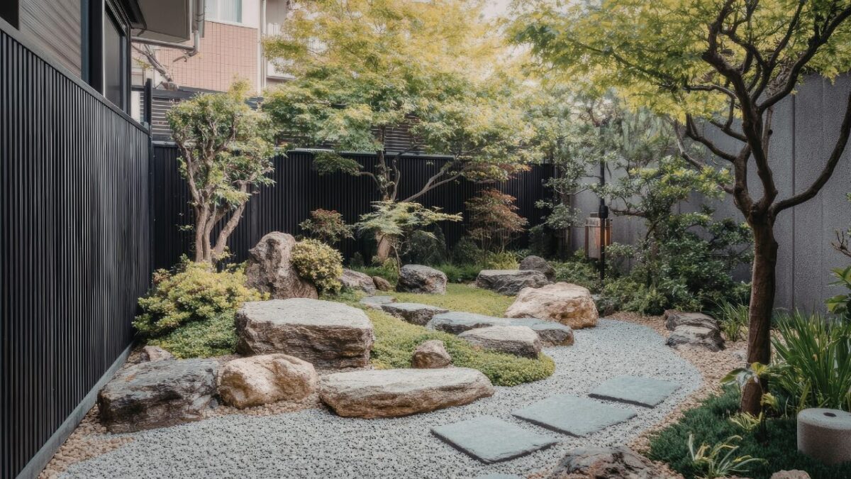 坪庭に枯山水・植栽・飛び石がある日本庭園の画像