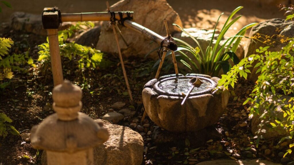 つくばいと筧がある狭い和風庭の写真