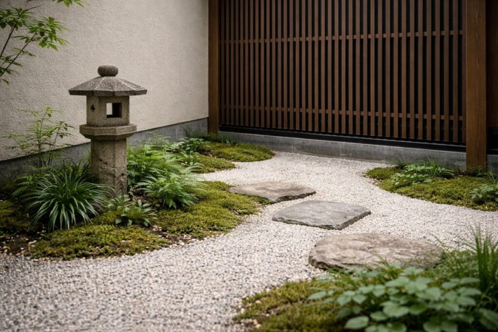 坪庭に灯籠と飛び石がある和モダン庭の画像