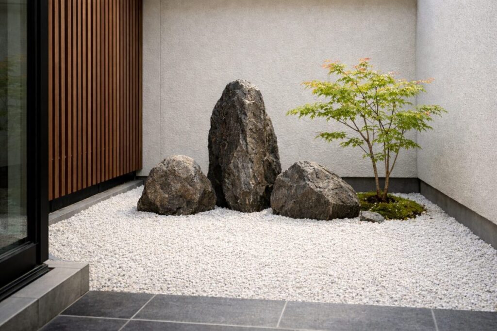 坪庭に三尊石組みをした庭石と植栽が植えられている和モダン画像