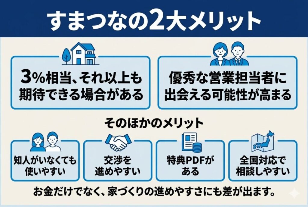 すまつなを利用するメリットをまとめた図解。3％以上の割引が期待できる可能性と、優秀な営業担当者につながりやすい点を紹介している。