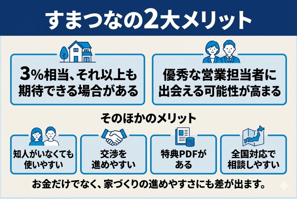 すまつなを利用するメリットをまとめた図解。3％以上の割引が期待できる可能性と、優秀な営業担当者につながりやすい点を紹介している。