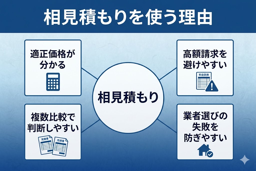 相見積もりを使う理由をまとめた図解。適正価格が分かる、高額請求を避けやすい、複数の見積書を比較して判断しやすい、業者選びの失敗を防ぎやすいという4つのメリットを解説しています。