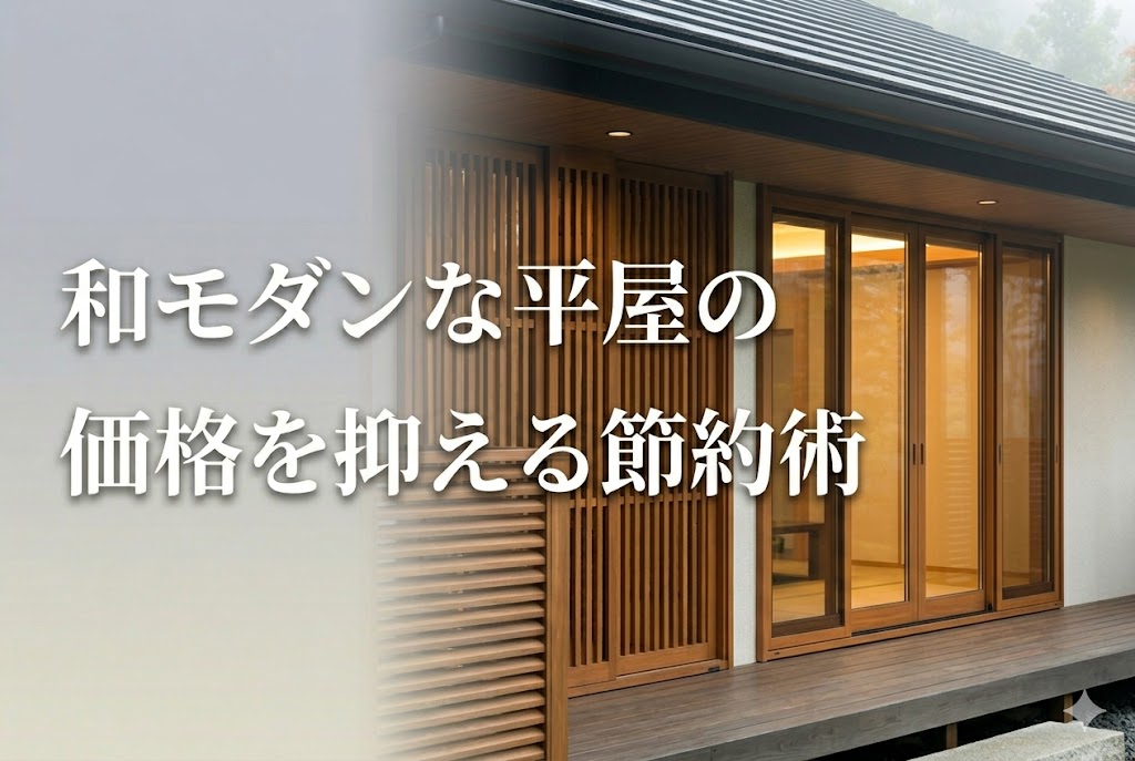 和モダンな平屋の縁側とモダンなガラス引き戸。「和モダンな平屋の 価格を抑える節約術」の文字。