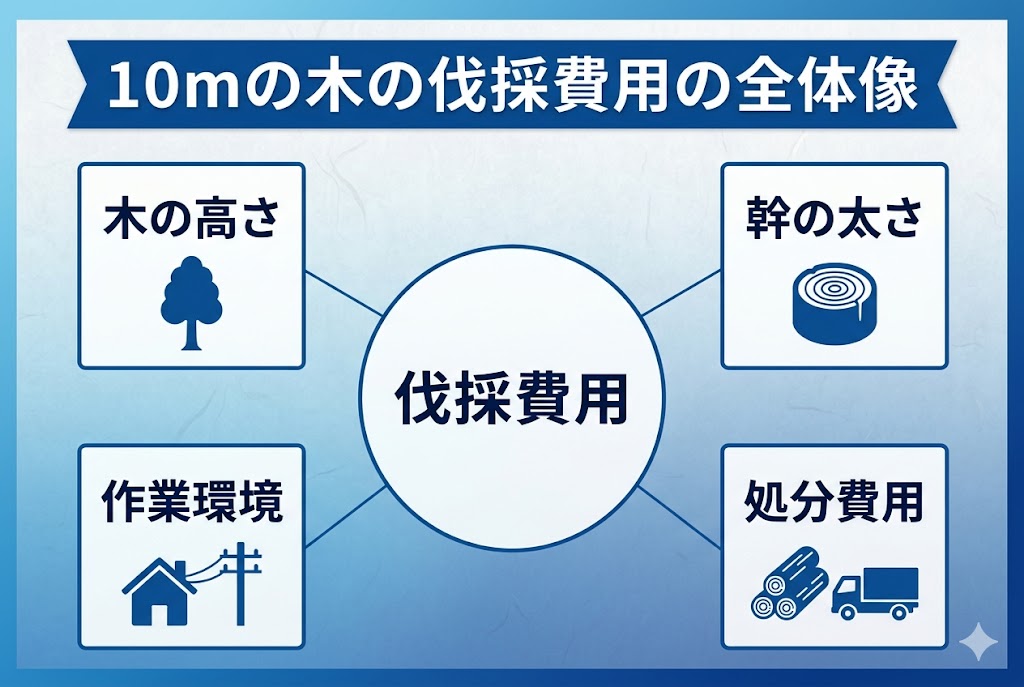 10mの木の伐採費用に影響する4つの要素(木の高さ、幹の太さ、作業環境、処分費用)をまとめた図解