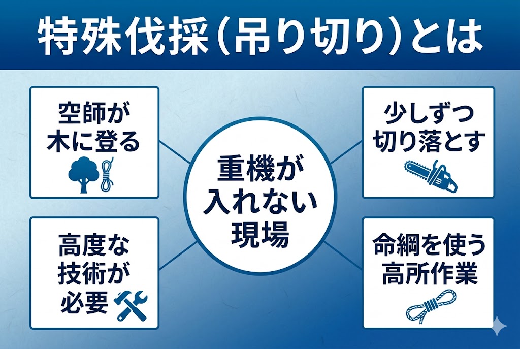 重機が入れない現場で行う「特殊伐採」の特徴(空師の木登り、切り落とし、命綱、高度な技術)をまとめた図解
