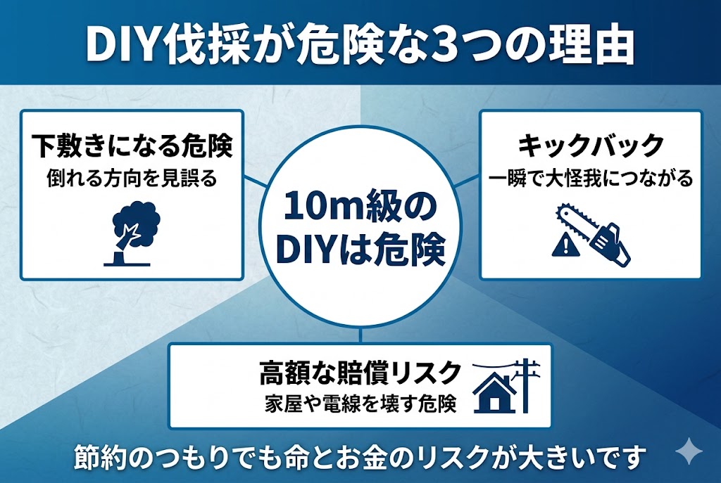 10m級の木のDIY伐採に伴う大きなリスク(下敷きの危険、チェーンソーのキックバック、高額な賠償リスク)の警告図
