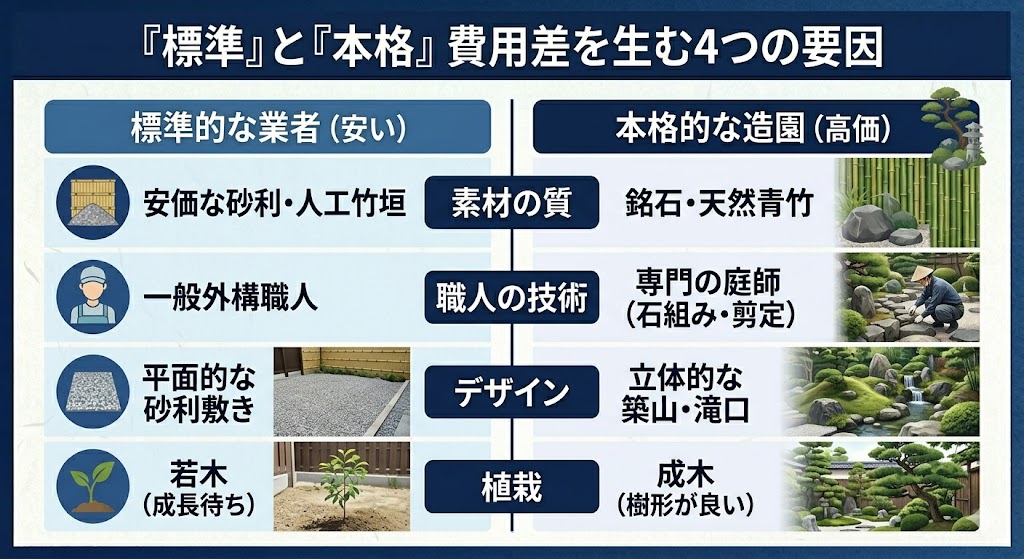 和風庭園の「標準的な庭」と「本格的な庭」の工事内容・材料の違いをまとめた比較表