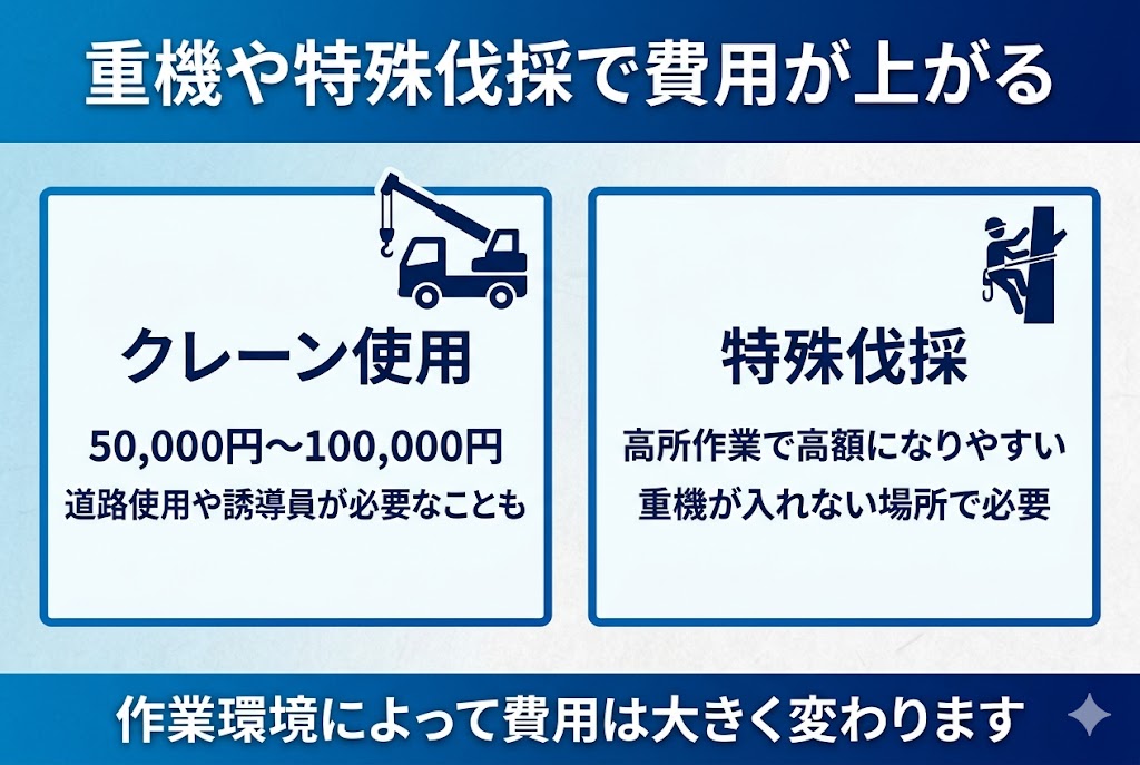 クレーン車の使用や、重機が入れない場所での特殊伐採(高所作業)によって費用が高額になるケースの比較図解