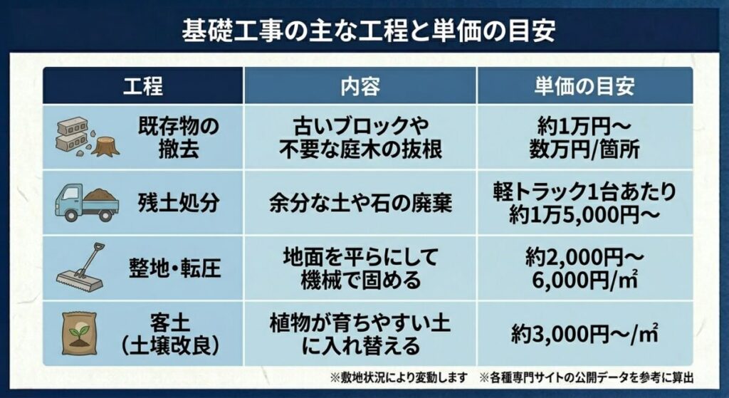 庭の基礎工事(既存物撤去・整地・残土処分)の工程別単価・費用目安表