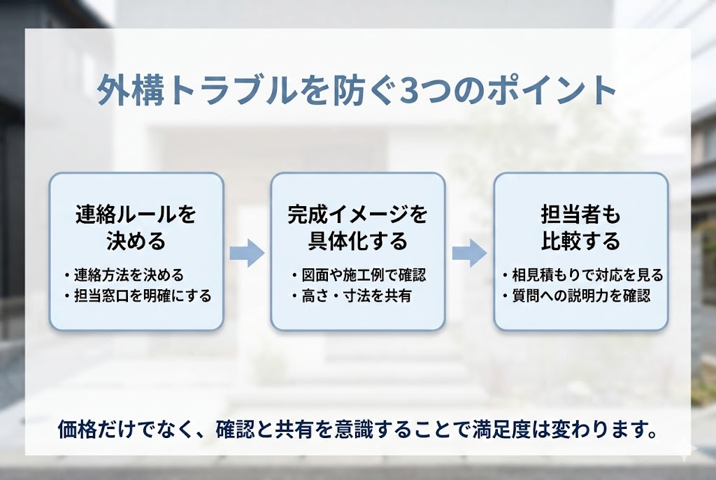 外構工事で失敗しないための3つのポイントをまとめた図解（連絡ルール・完成イメージ共有・担当者比較）