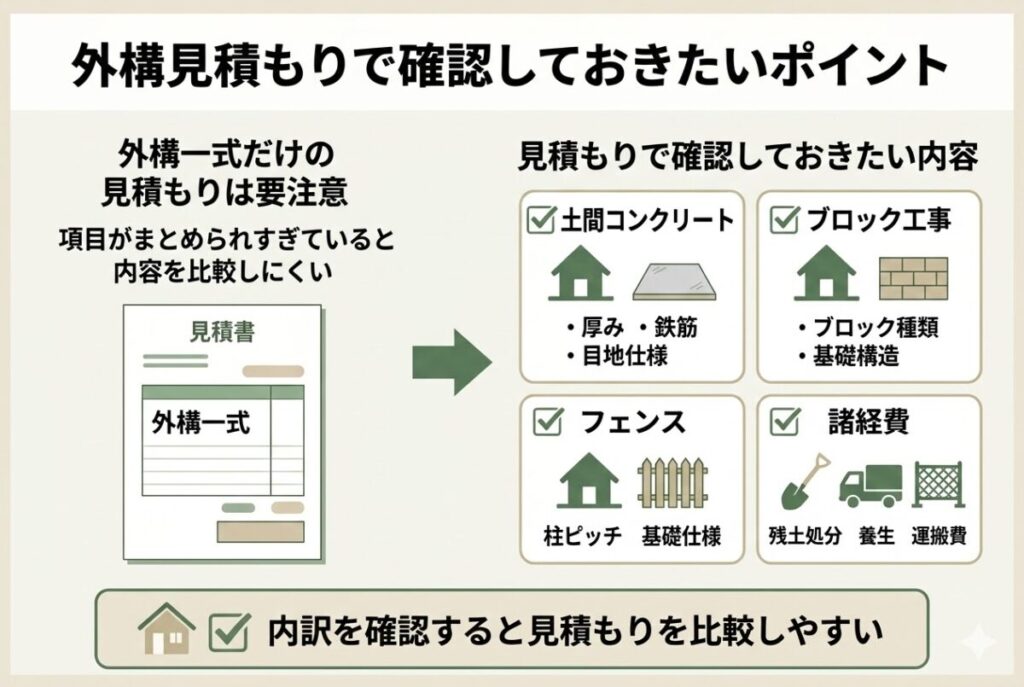 外構見積もりで確認しておきたいポイントの図解。「外構一式」だけの見積もりは内容を比較しにくいため、土間コンクリート（厚み・鉄筋・目地仕様）、ブロック工事（ブロック種類・基礎構造）、フェンス（柱ピッチ・基礎仕様）、諸経費（残土処分・養生・運搬費）などの内訳を確認することが重要であることを解説。内訳を確認すると見積もりを比較しやすくなる。