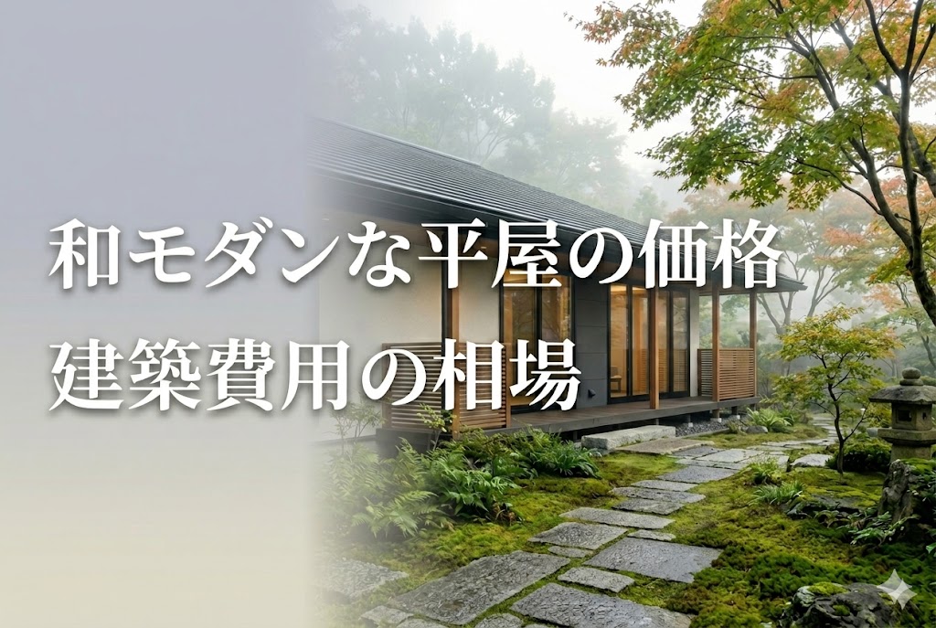 和モダンな平屋の外観と美しい日本庭園。「和モダンな平屋の価格 建築費用の相場」の文字。