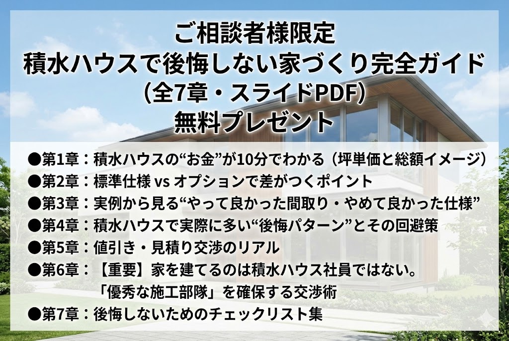 積水ハウスで後悔しない家づくりのために、費用・間取り・仕様・値引き交渉・注意点をまとめた無料PDFガイドのイラスト