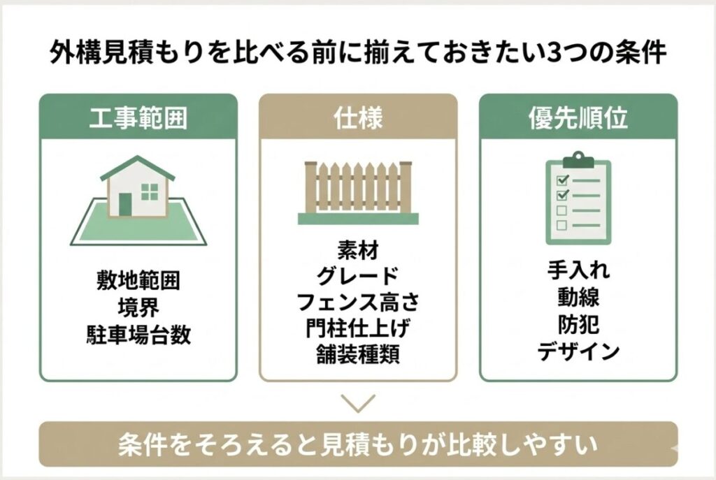外構見積もりを比べる前に揃えておきたい3つの条件をまとめた図解。工事範囲（敷地・境界・駐車場）、仕様（素材・グレード・フェンス高・門柱・舗装）、優先順位（手入れ・動線・防犯・デザイン）の3項目をカード形式で紹介。最後に「条件をそろえると見積もりが比較しやすい」というポイントを強調したインフォグラフィック。