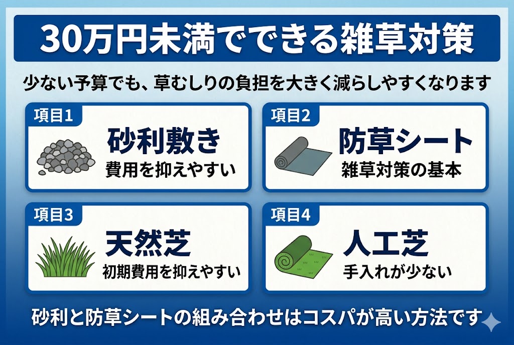 30万円未満でできる庭の雑草対策をまとめた図解。砂利敷き、防草シート、天然芝、人工芝など、少ない予算でも草むしりの負担を減らしやすい方法を紹介している。
