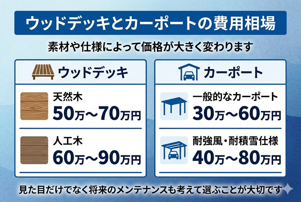 ウッドデッキとカーポートの費用相場を比較した図解。天然木と人工木のウッドデッキ、一般的なカーポートと耐強風・耐積雪仕様の価格帯を分かりやすく整理している。