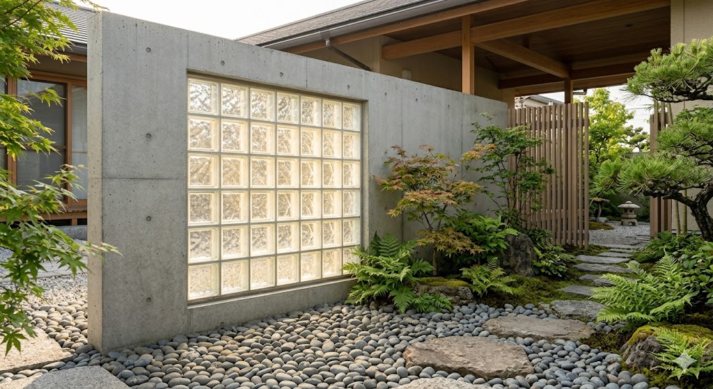 現代的な和モダン庭園の中庭。質感のあるコンクリート壁に大きなガラスブロック窓が組み込まれており、柔らかい自然光を透過している。壁の前には玉石が敷き詰められ、飛び石の小道が続き、シダやモミジが植えられている。背景には木製の格子屏風（フェンス）と石灯籠が見える、洗練された景観。