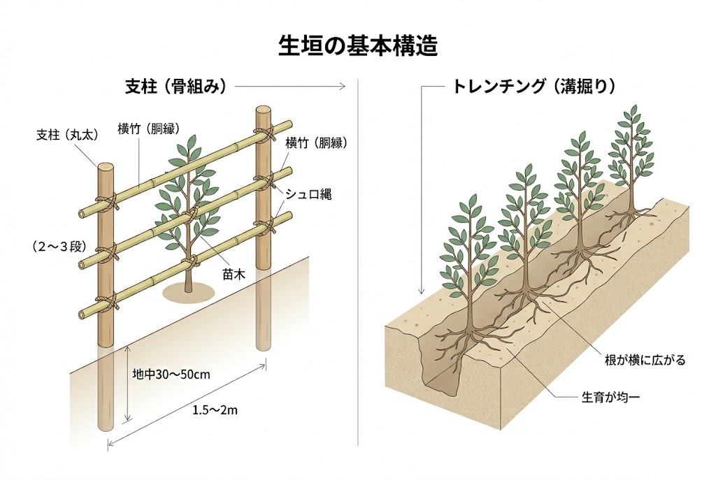 生垣の作り方を解説する図解。左に支柱で固定する骨組み、右にトレンチングによる溝掘りで根が横に広がる様子を比較している