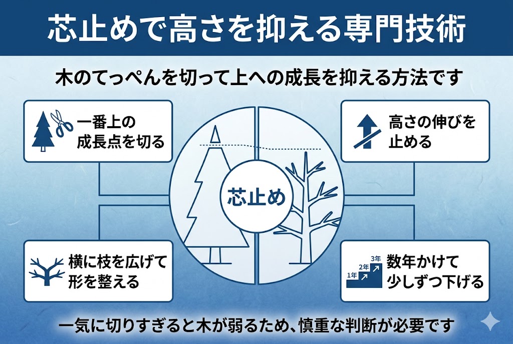 高くなりすぎた木の高さを抑える「芯止め」の仕組みを説明した図解。木のてっぺんの成長点を切ることで上への成長を止め、横に枝を広げて形を整える方法を分かりやすく紹介している。