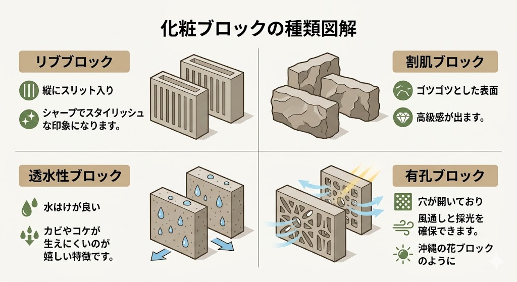 4種類の化粧ブロック（リブブロック、割肌ブロック、透水性ブロック、有孔ブロック）の特徴を比較した2×2の図解イラスト。各ブロックの形状、質感、機能（水はけや風通しなど）を日本語の解説文とアイコンで分かりやすく説明している。