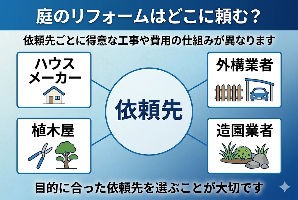 庭のリフォームを依頼できる業者の種類をまとめた図解。ハウスメーカー、外構業者、造園業者、植木屋の違いを分かりやすく整理している。