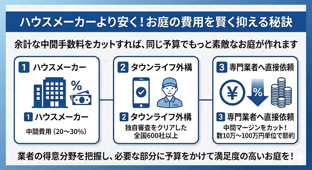 ハウスメーカーより安く庭の費用を抑える秘訣のインフォグラフィック。中間マージンをカットして専門業者に直接依頼する3ステップの図解。ハウスメーカー（中間費用20-30%）、タウンライフ外構（独自審査業者）、専門業者への直接依頼（10万〜100万円単位で節約）。業者の得意分野を把握し予算をかける重要性についても記載。