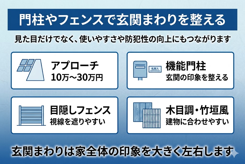 門柱やフェンスで玄関まわりを整えるリフォーム内容をまとめた図解。アプローチ、機能門柱、目隠しフェンス、木目調や竹垣風デザインなどの特徴を紹介している。
