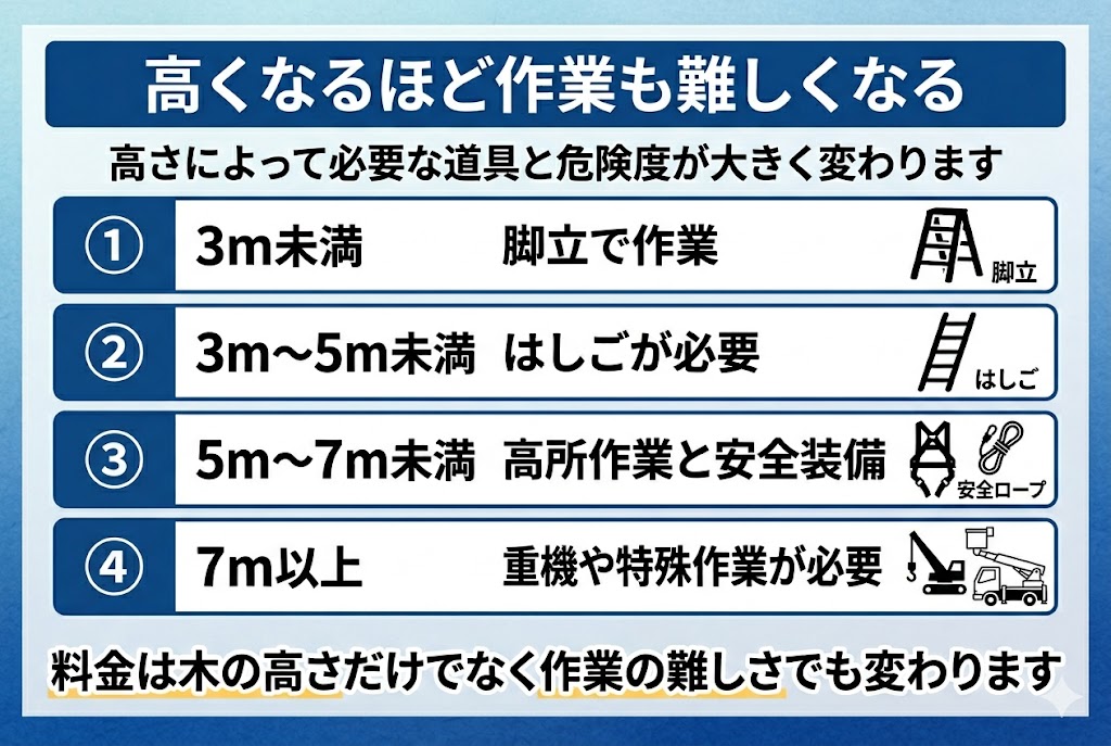 木の高さによって剪定作業の難しさが変わることを説明した図解。脚立作業から高所作業、重機や特殊作業まで、必要な安全対策の違いをまとめている。