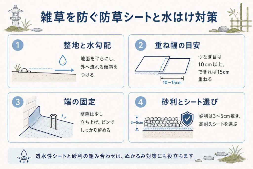 和モダンの庭で砂利を敷く前に行う防草シート施工と水はけ対策の図解。雑草を防ぎながら雨水を逃がす下地づくりのポイント。