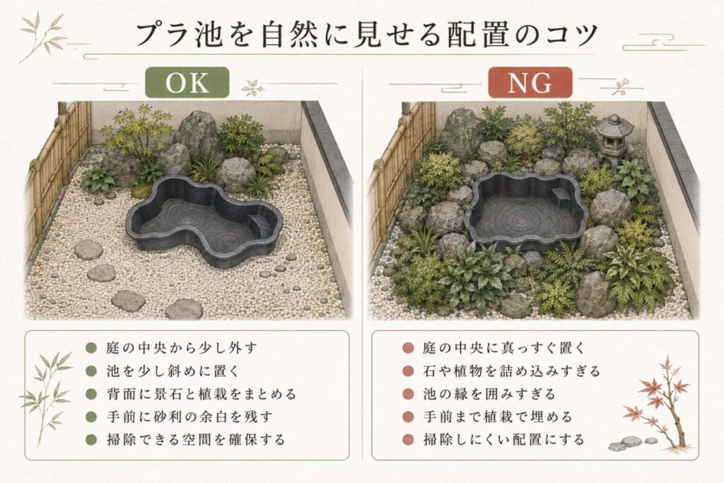 プラ池のレイアウトで失敗しないために、自然に見える配置のコツと不自然に見えるNG配置を比較した和モダン庭の図解