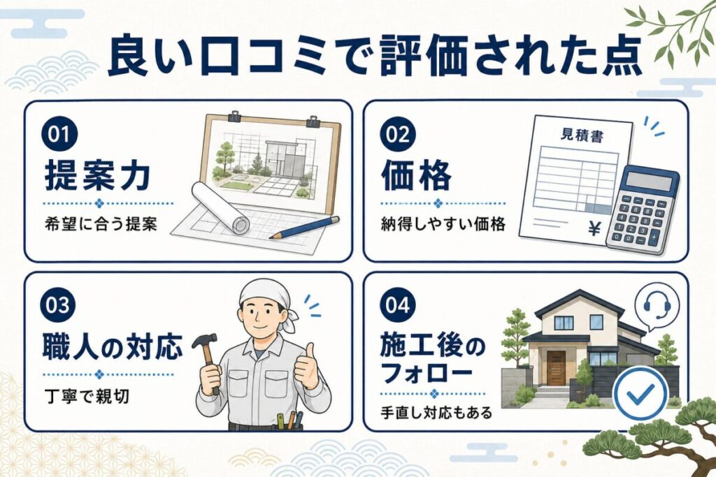 ガーデンプラスの良い口コミで評価された提案力・価格・施工品質・施工後のフォローを紹介する図解