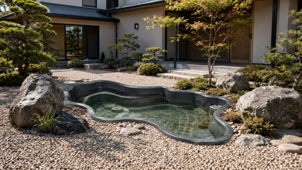 砂利景石、植栽のあるもだんな日本庭園に大きなプラ池が設置されている画像
