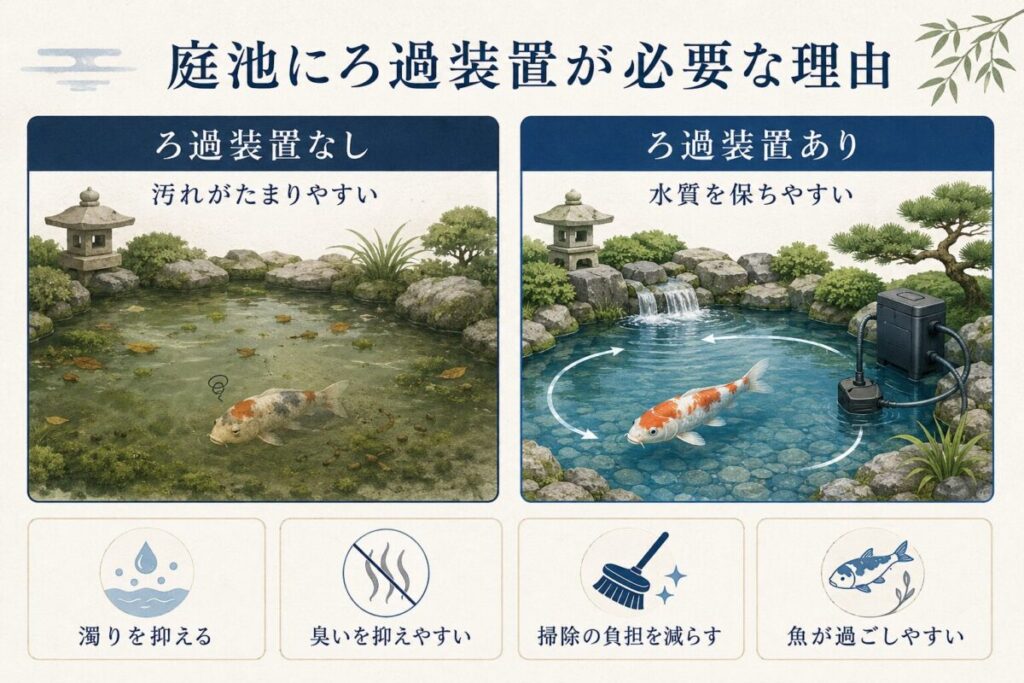 庭池にろ過装置が必要な理由を、ろ過装置なしの濁った池と、ろ過装置ありの澄んだ池で比較した図解。水の濁りや臭いを抑え、掃除の負担を減らして魚が過ごしやすい環境を作る効果を解説。