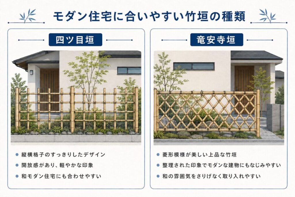 竹垣フェンスを自作する際に参考になる、四ツ目垣と竜安寺垣の特徴やモダン住宅との相性を比較した図解