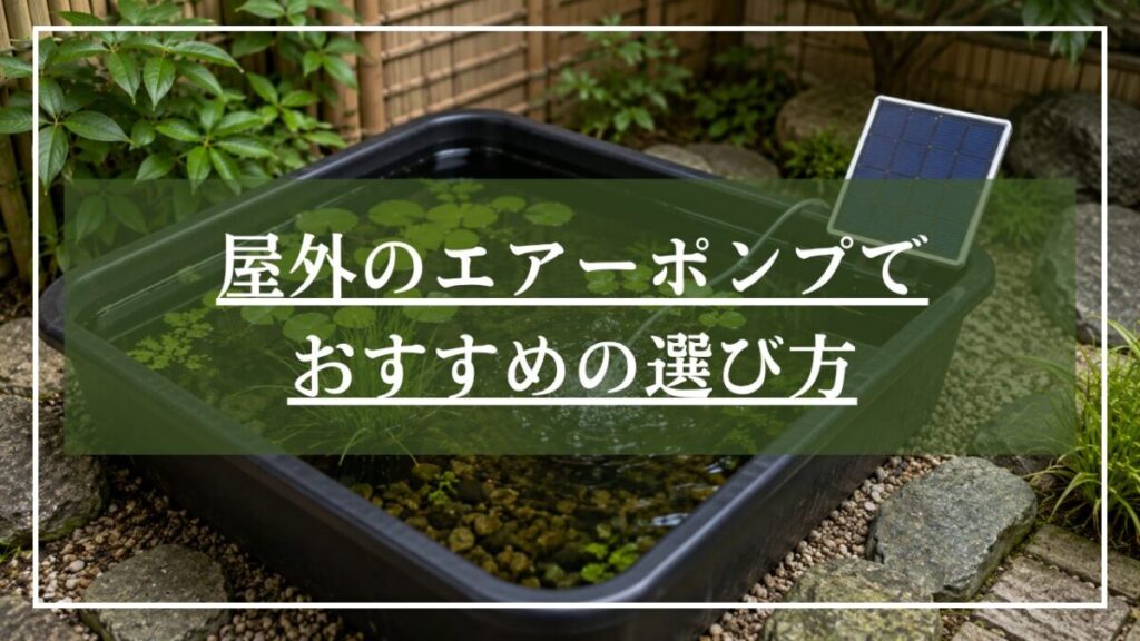 ソーラー型ポンプを使用したプラ池の画像に「屋外用エアーポンプでおすすめの選び方」と見出し入りの画像