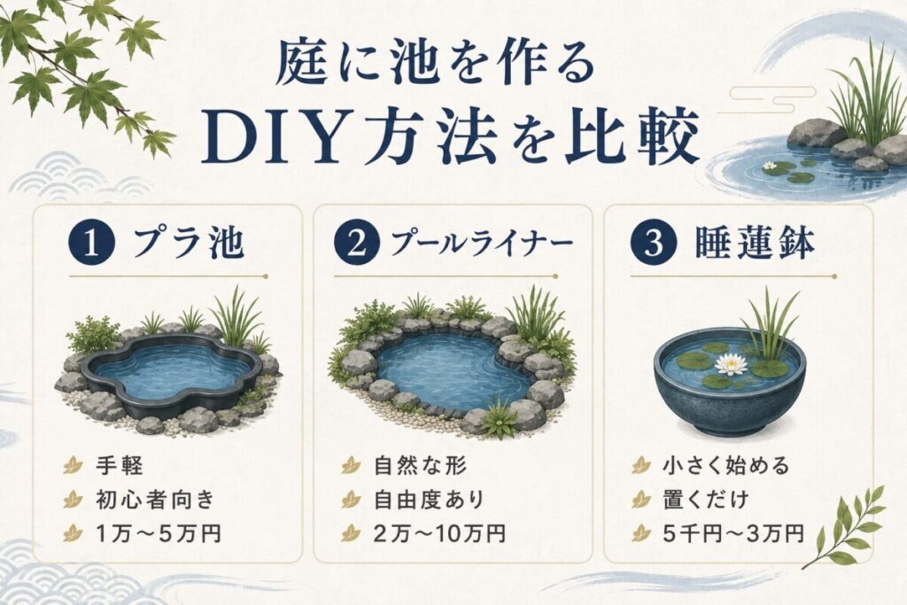 庭に池をDIYで作る方法として、プラ池、プールライナー、睡蓮鉢の特徴や費用目安を比較した、初心者向けの和モダン庭池図解