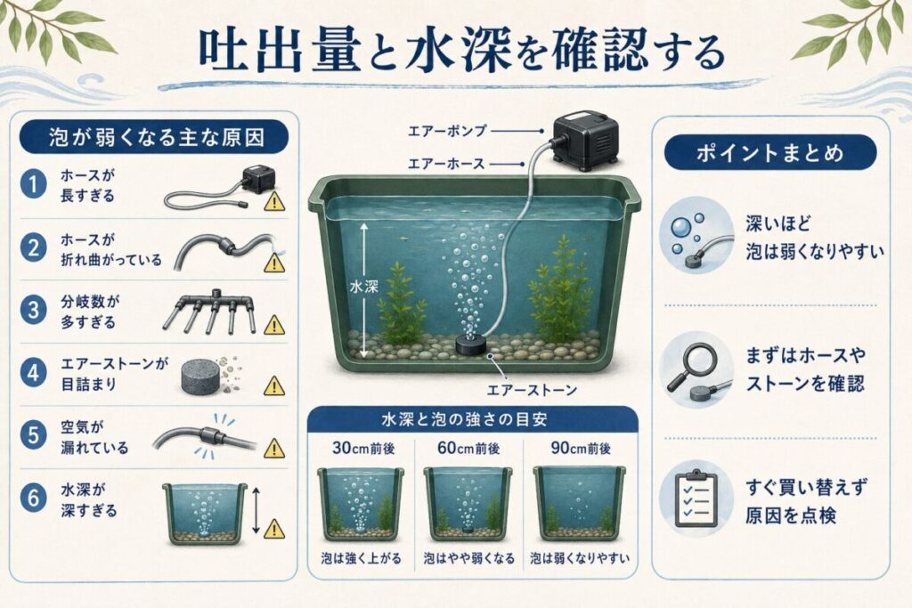 屋外用エアーポンプの泡が弱くなる原因と、水深・ホース・分岐・エアーストーンの確認点を示した図解