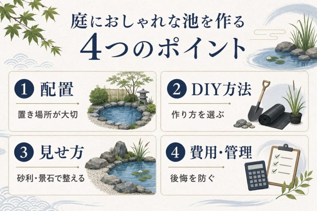 庭におしゃれな池を作るための配置、DIY方法、見せ方、費用と管理の4つのポイントを、和モダンな庭池の図解でわかりやすくまとめた画像