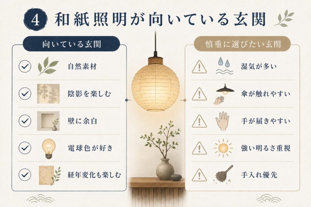 和紙照明が向いている玄関と慎重に選びたい玄関を比較した図解。自然素材、電球色、陰影を楽しめる環境と、湿気や濡れた傘、強い明るさが必要な玄関の注意点を紹介。
