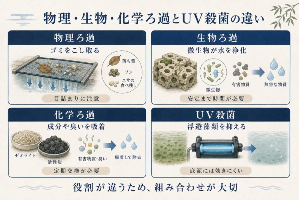 庭池で使う物理ろ過、生物ろ過、化学ろ過、UV殺菌の違いを比較した図解。物理ろ過はゴミ、生物ろ過はアンモニアや亜硝酸、化学ろ過は臭いや成分、UV殺菌は浮遊藻類への対策を示している。