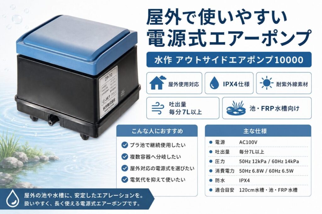 水作アウトサイドエアポンプ10000の特徴やIPX4、吐出量、適合する池・FRP水槽を紹介した商品PR画像
